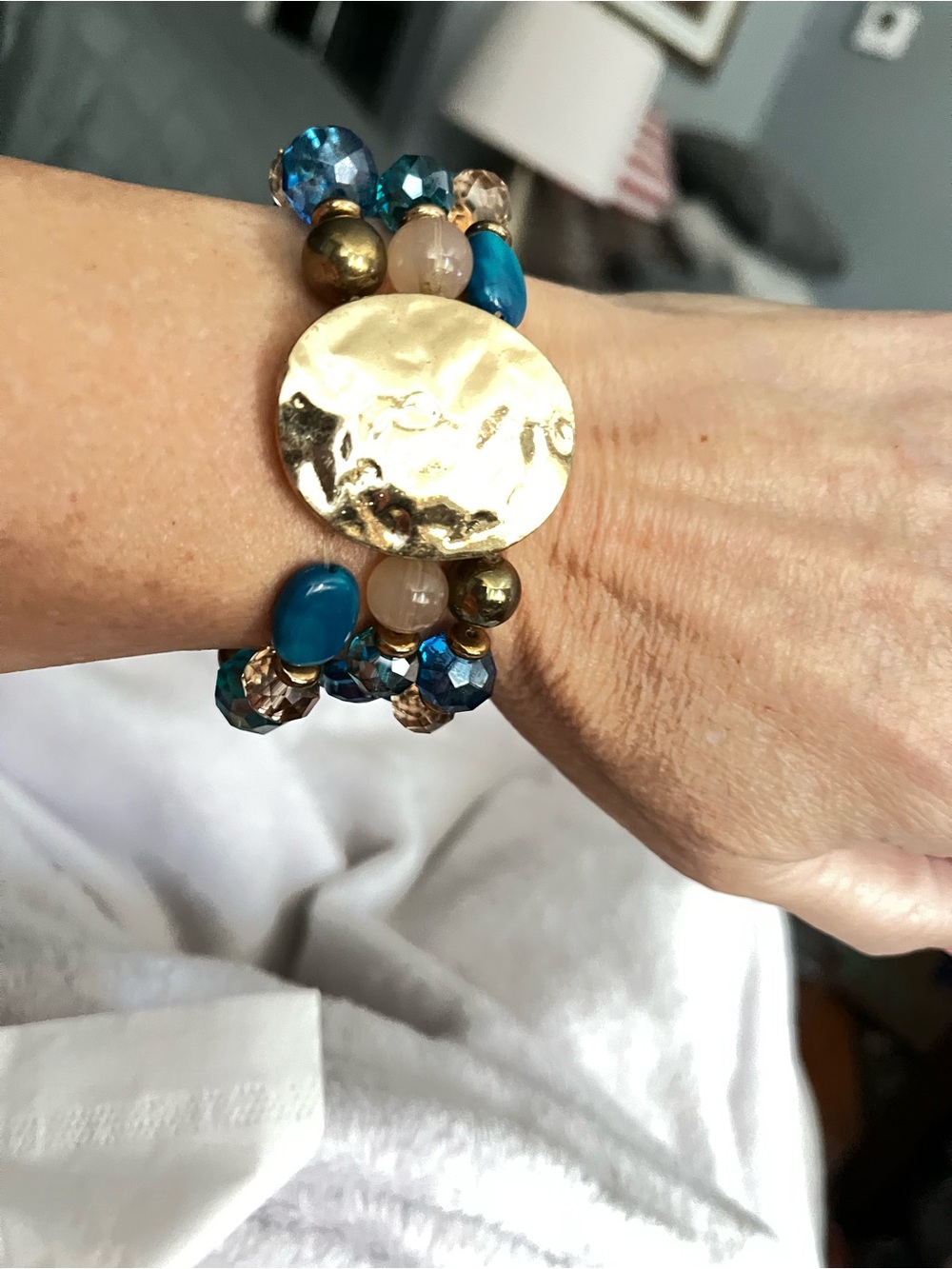 Gold Disc Beaded Stretch Bracelet with Teal and Blue Accents